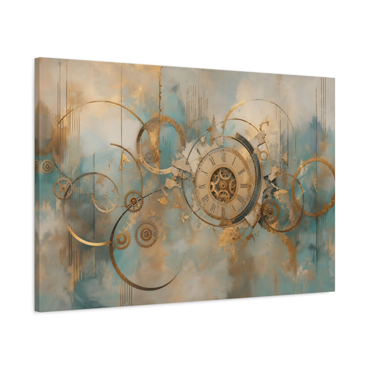 Main Mockup. Abstract Clockwork Gold And Teal shown as stretched canvas wall art