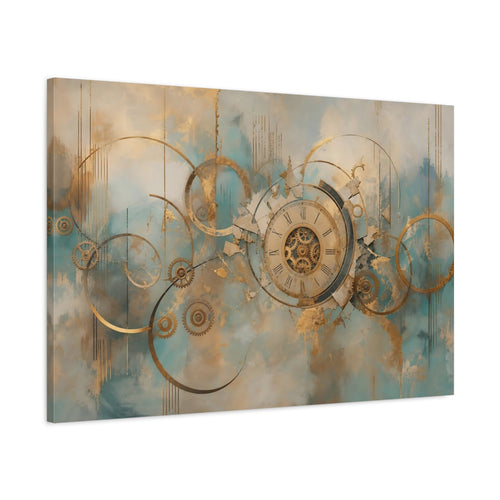 Main Mockup. Abstract Clockwork Gold And Teal shown as stretched canvas wall art