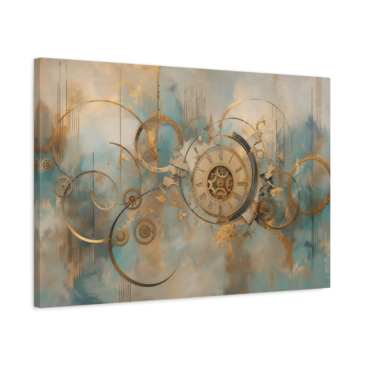 Side Mockup 2. Abstract Clockwork Gold And Teal shown as stretched canvas wall art