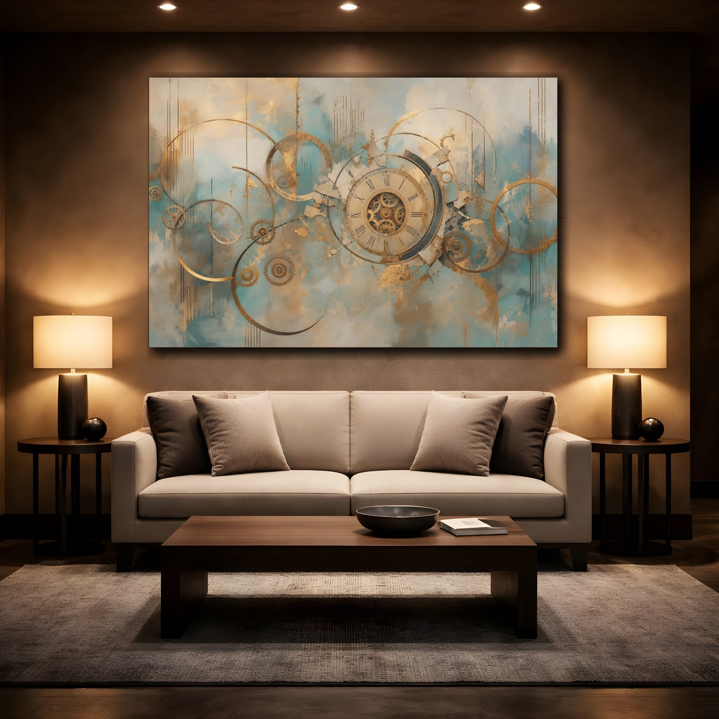 Mockup 2. Abstract Clockwork Gold And Teal shown as stretched canvas wall art