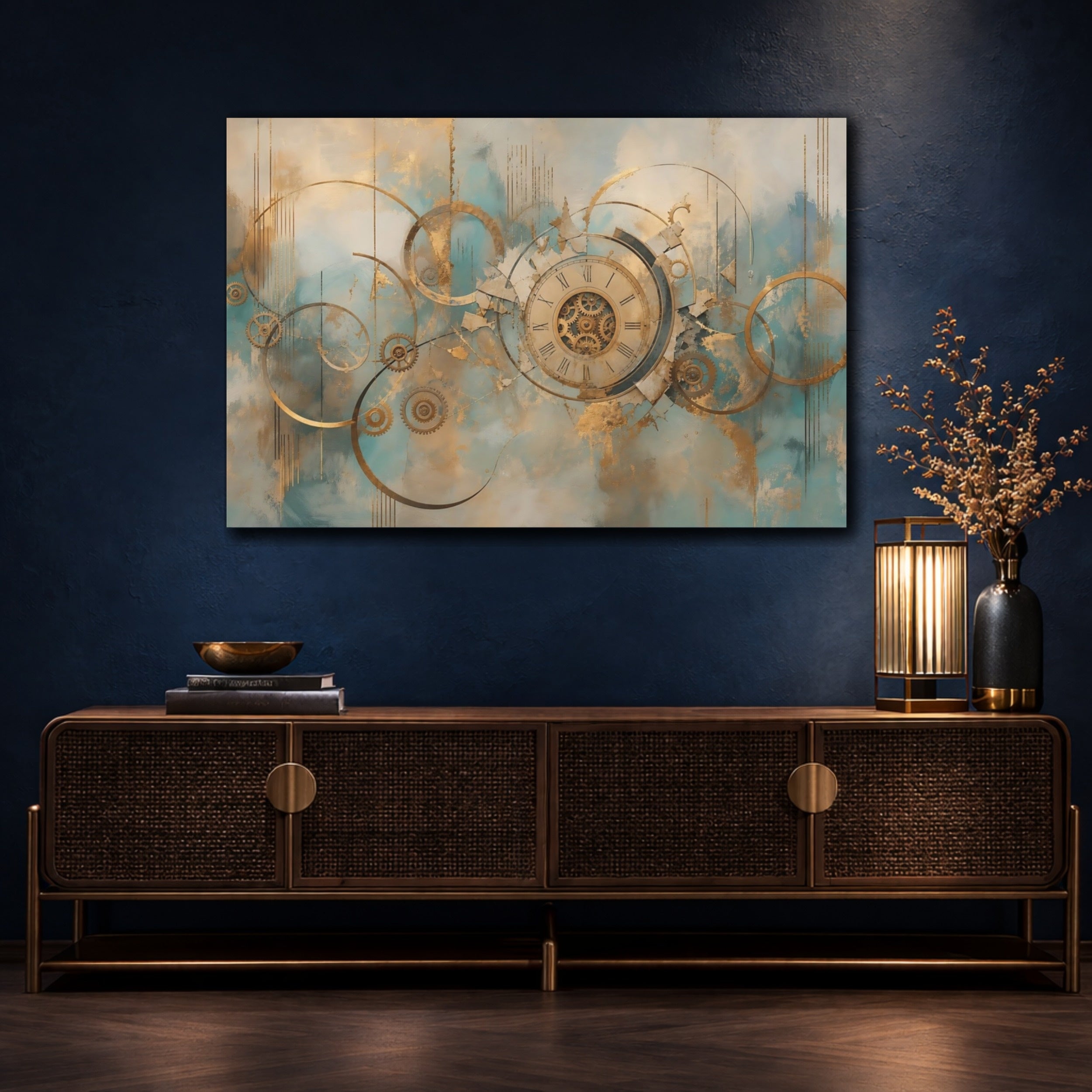 Mockup 4. Abstract Clockwork Gold And Teal shown as stretched canvas wall art