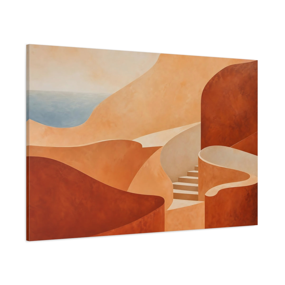 Side Mockup 1. Abstract Coastal Forms Terracotta Coast shown as stretched canvas wall art