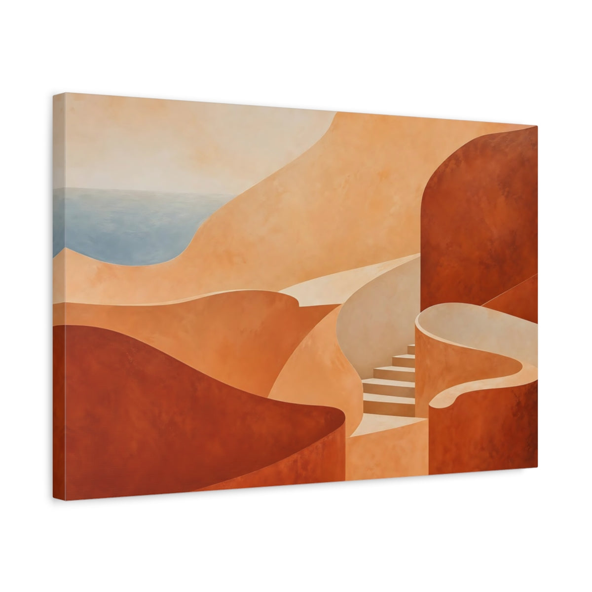Side Mockup 3. Abstract Coastal Forms Terracotta Coast shown as stretched canvas wall art