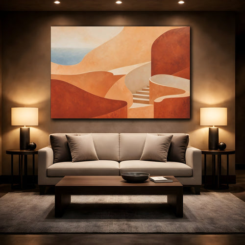 Mockup 2. Abstract Coastal Forms Terracotta Coast shown as stretched canvas wall art