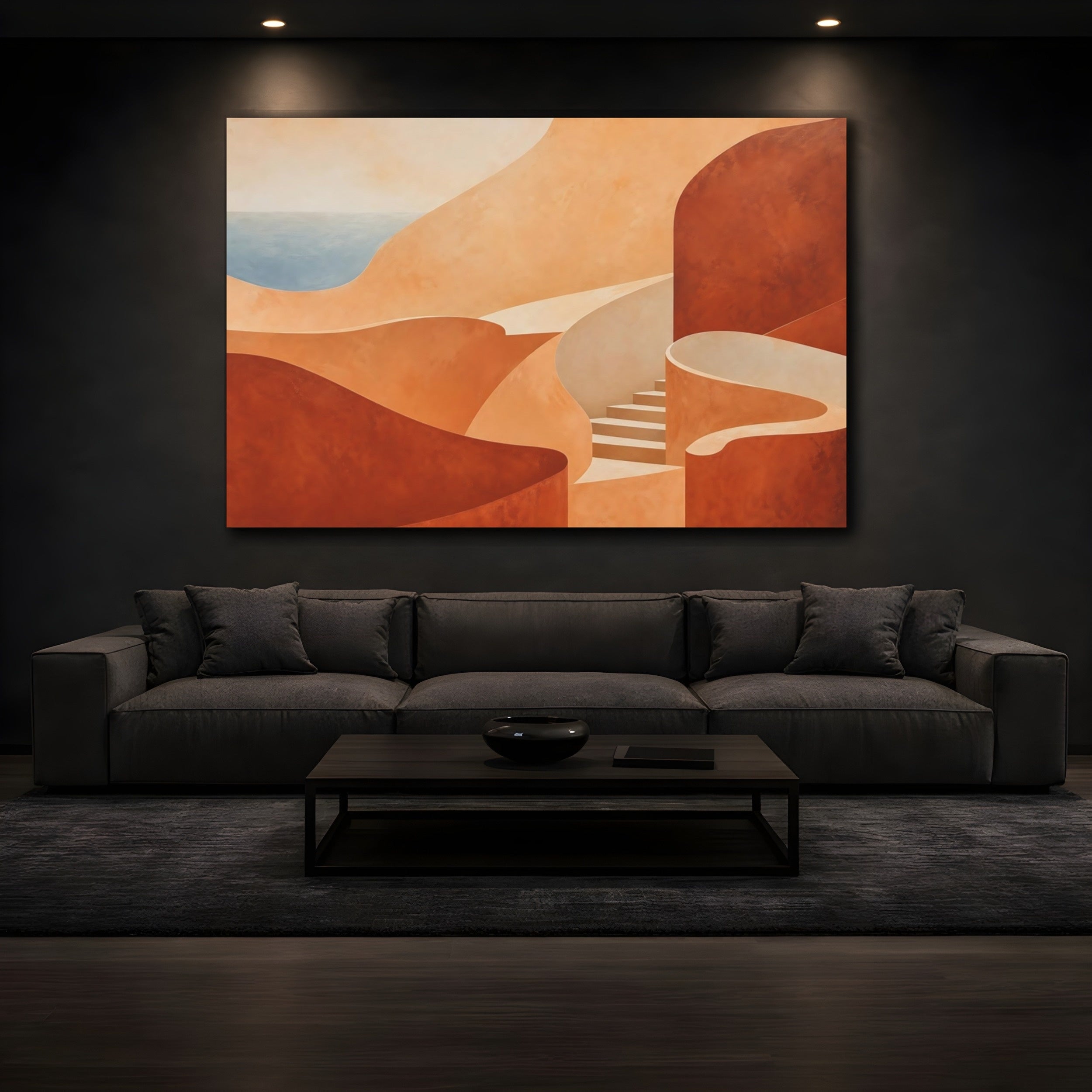 Mockup 3. Abstract Coastal Forms Terracotta Coast shown as stretched canvas wall art