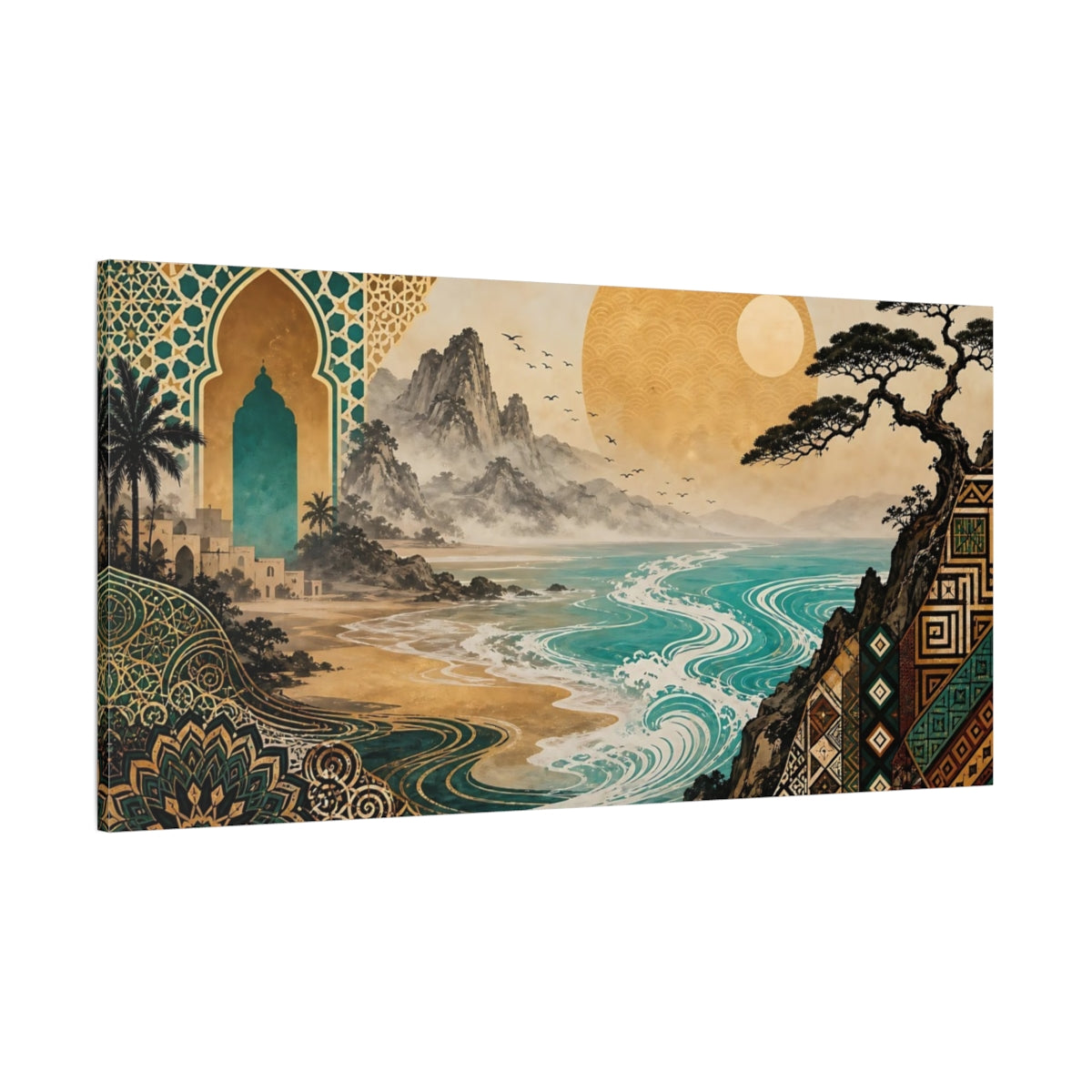 Side Mockup 2. Abstract Coastal Landscape Teal Gold Landscape shown as stretched canvas wall art