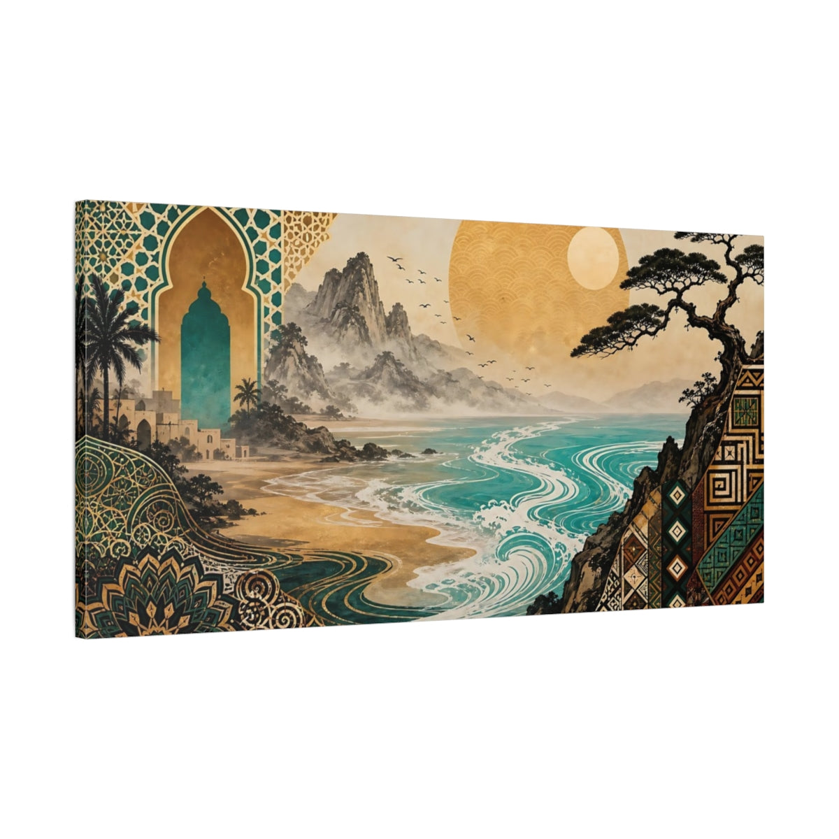 Main Mockup. Abstract Coastal Landscape Teal Gold Landscape shown as stretched canvas wall art