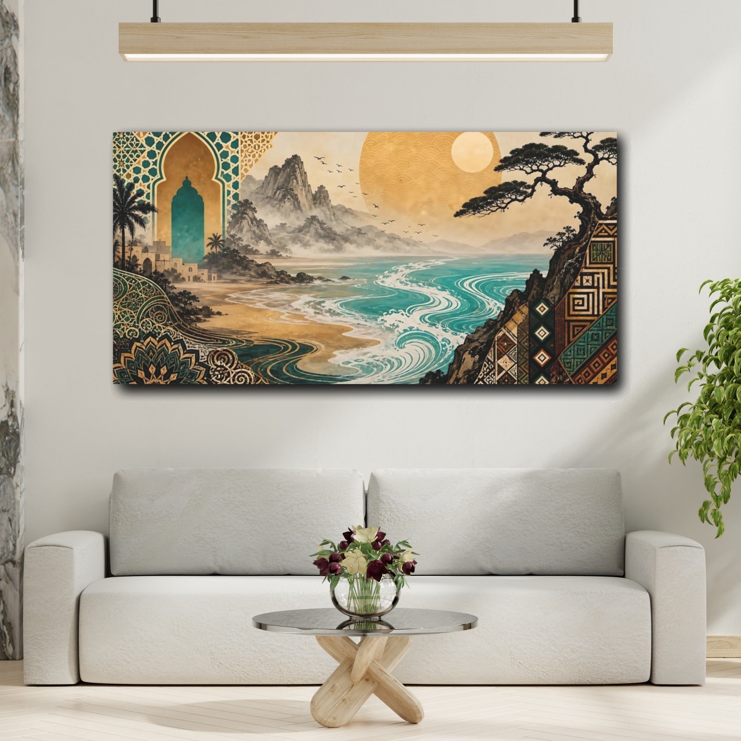Mockup 2. Abstract Coastal Landscape Teal Gold Landscape shown as stretched canvas wall art