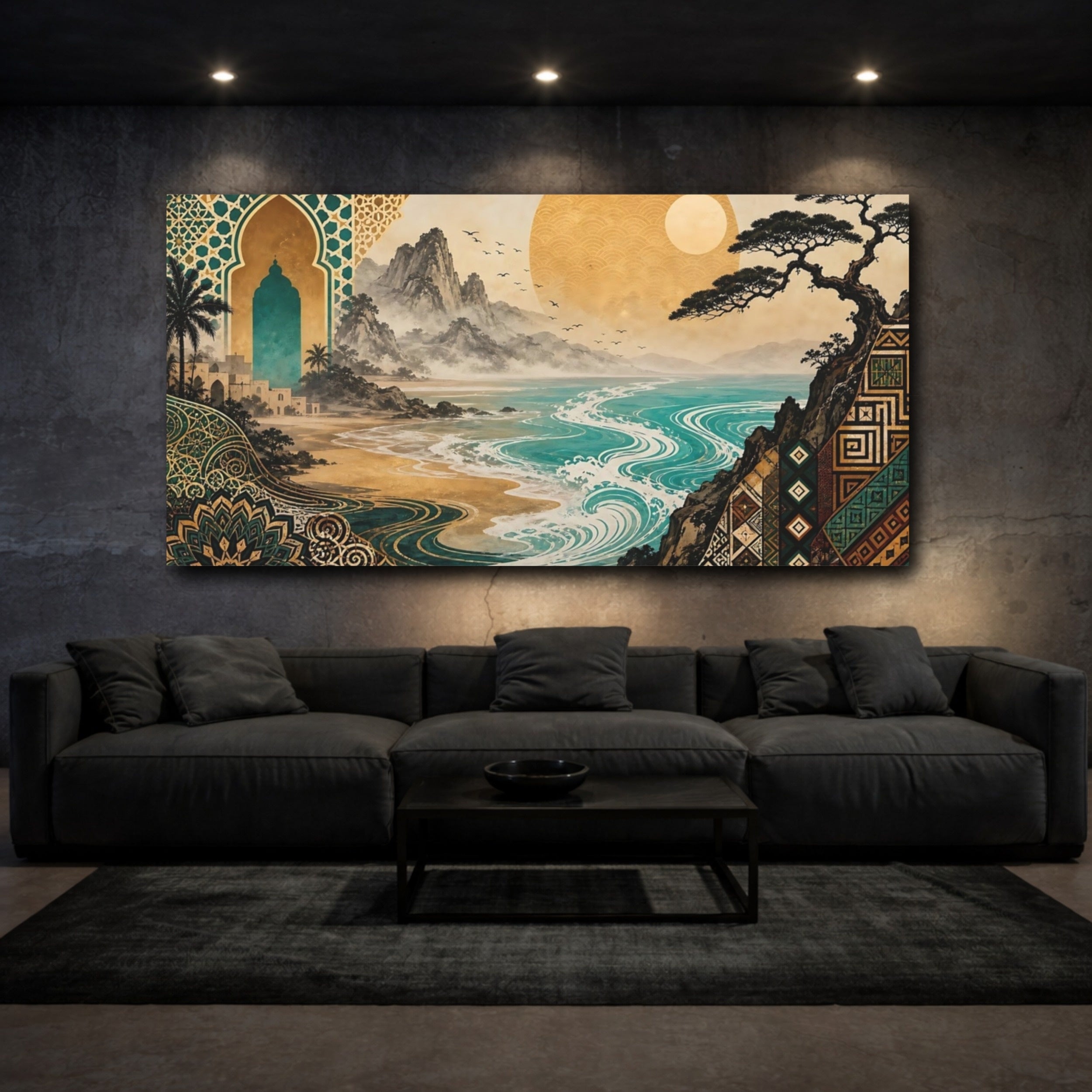 Mockup 3. Abstract Coastal Landscape Teal Gold Landscape shown as stretched canvas wall art