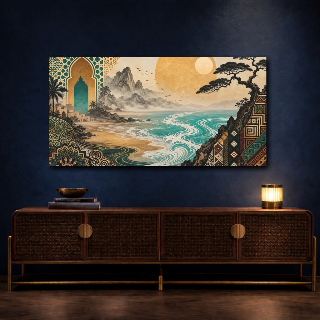Mockup 4. Abstract Coastal Landscape Teal Gold Landscape shown as stretched canvas wall art