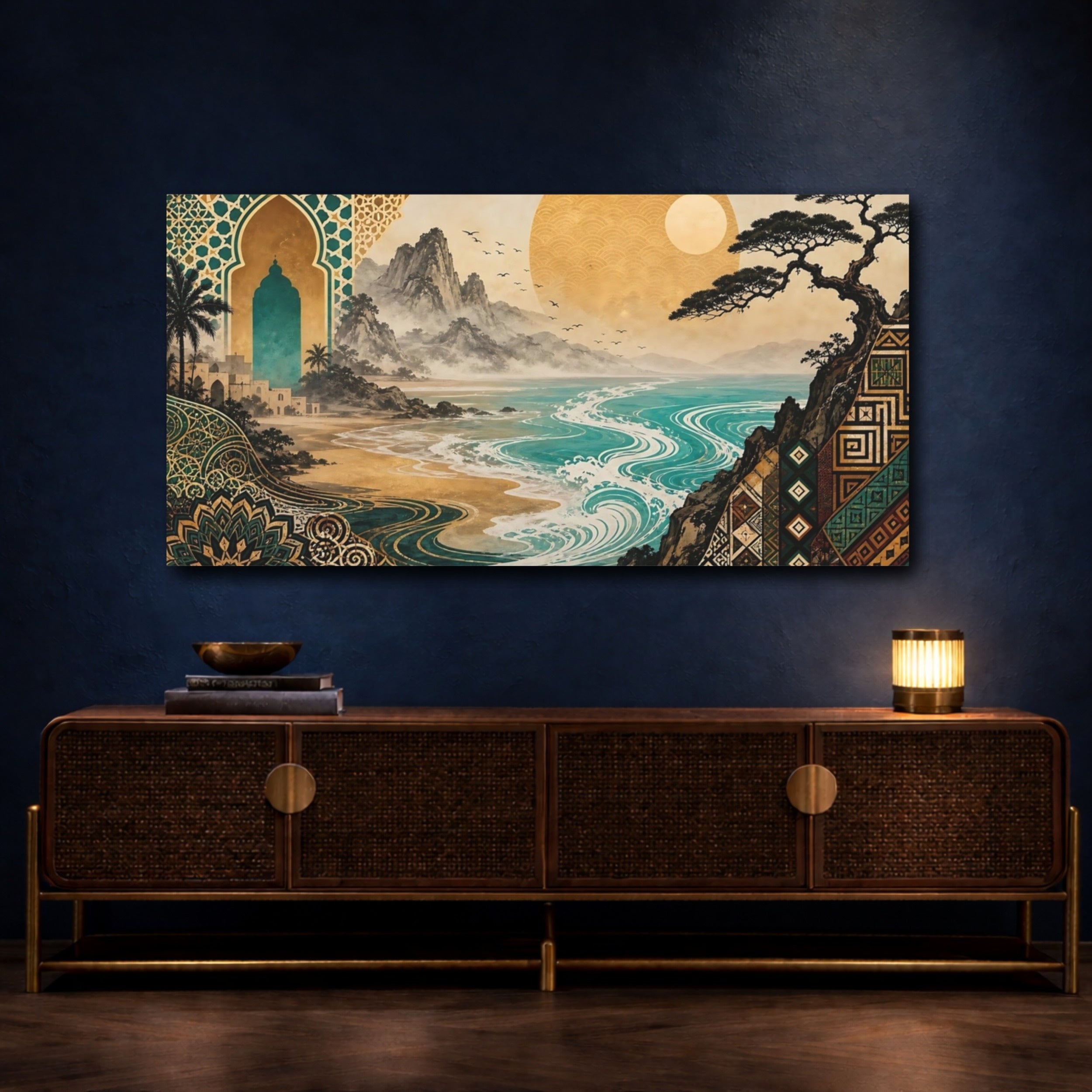 Mockup 4. Abstract Coastal Landscape Teal Gold Landscape shown as stretched canvas wall art
