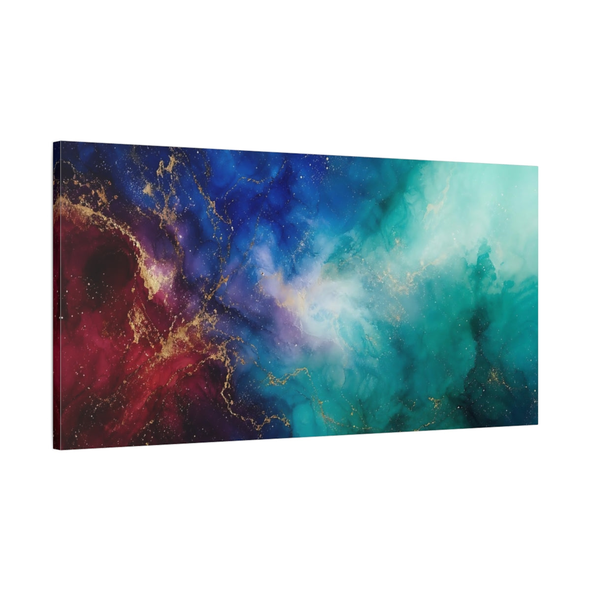 Main Mockup. Abstract Cosmic Flow Blue Teal Gold shown as stretched canvas wall art