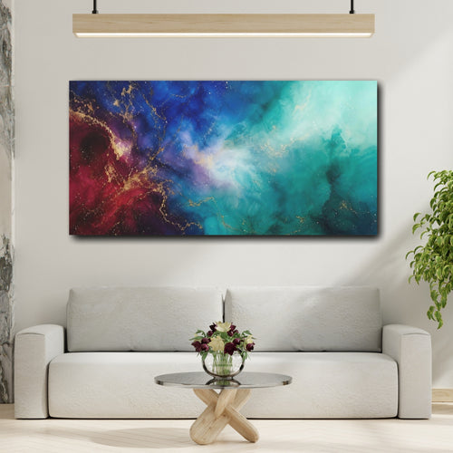 Mockup 2. Abstract Cosmic Flow Blue Teal Gold shown as stretched canvas wall art