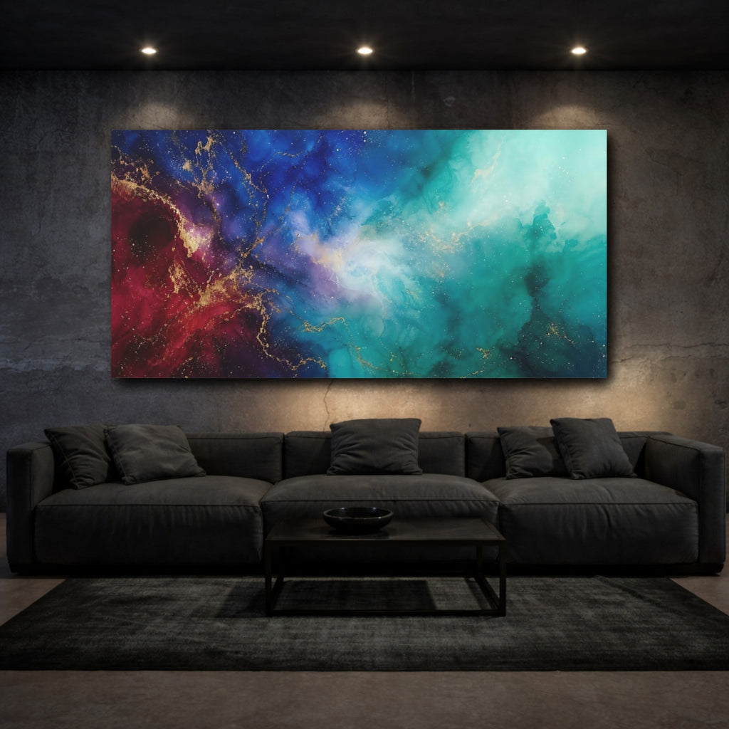 Mockup 3. Abstract Cosmic Flow Blue Teal Gold shown as stretched canvas wall art