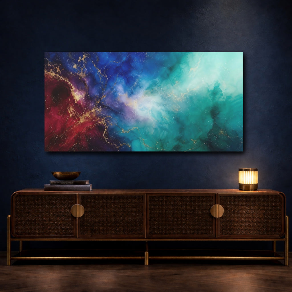 Mockup 4. Abstract Cosmic Flow Blue Teal Gold shown as stretched canvas wall art