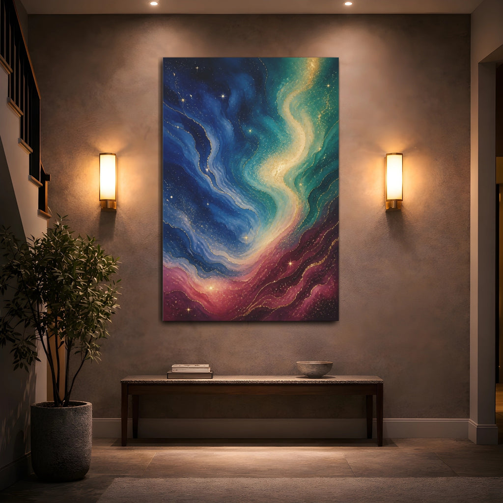 Mockup 2. Abstract Cosmic Swirl Colorful Cosmic Swirl shown as stretched canvas wall art