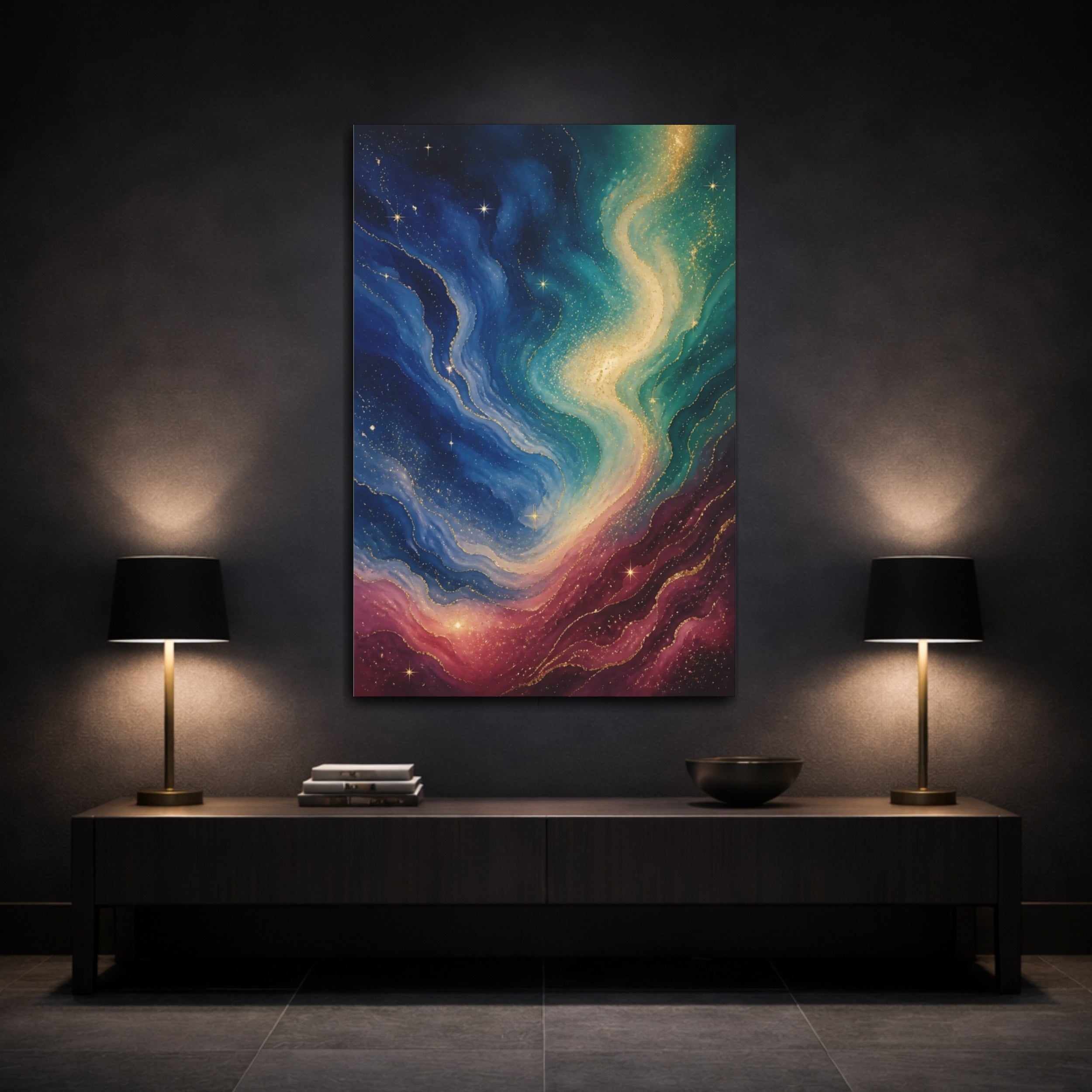 Mockup 3. Abstract Cosmic Swirl Colorful Cosmic Swirl shown as stretched canvas wall art