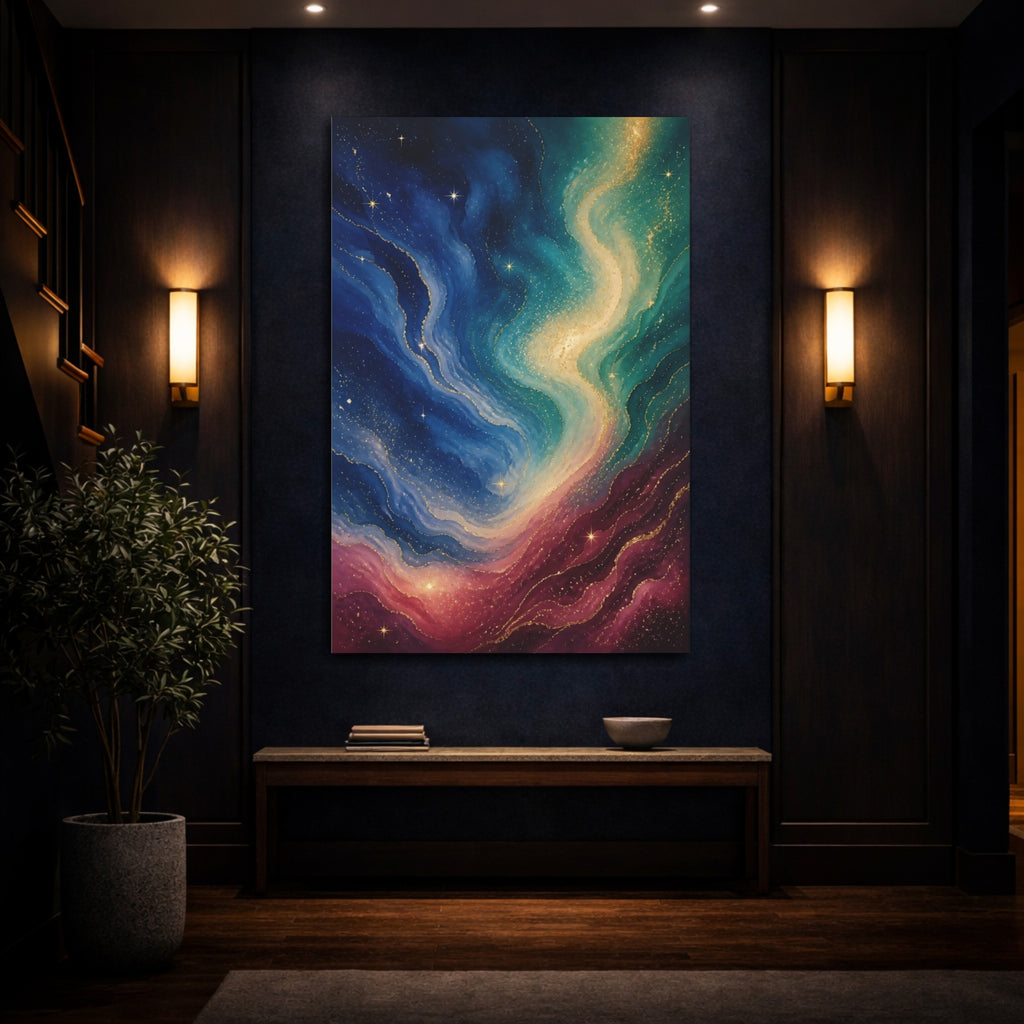 Mockup 4. Abstract Cosmic Swirl Colorful Cosmic Swirl shown as stretched canvas wall art