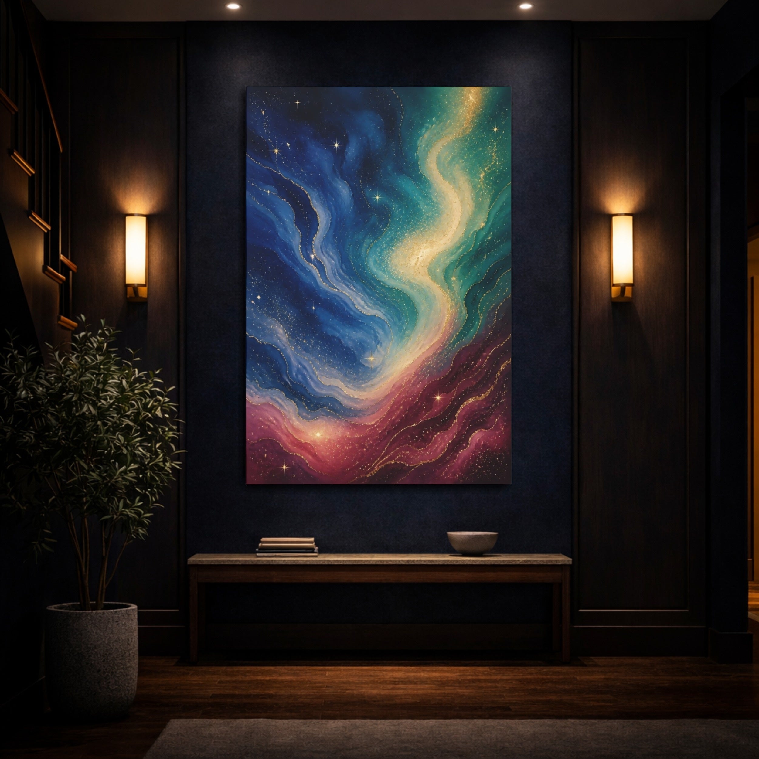 Mockup 4. Abstract Cosmic Swirl Colorful Cosmic Swirl shown as stretched canvas wall art