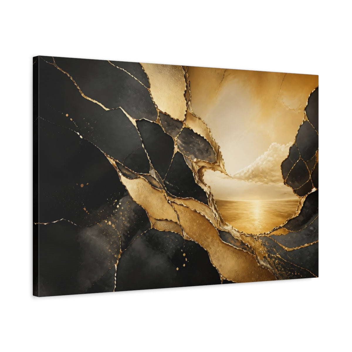 Side Mockup 2. Abstract Cracked Gold Black And Gold shown as stretched canvas wall art