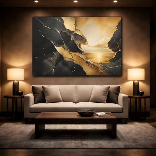 Mockup 2. Abstract Cracked Gold Black And Gold shown as stretched canvas wall art