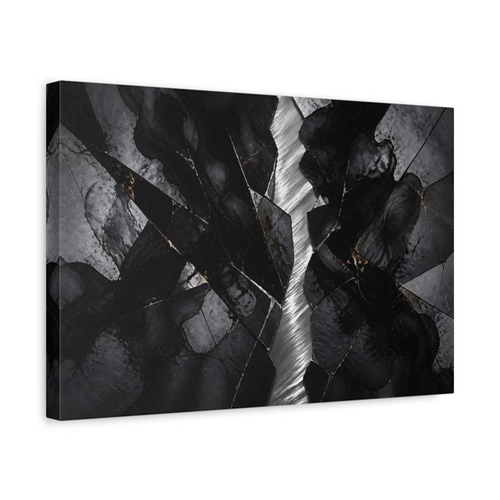 Side Mockup 4. Abstract Cracked Stone Black And Gold shown as stretched canvas wall art