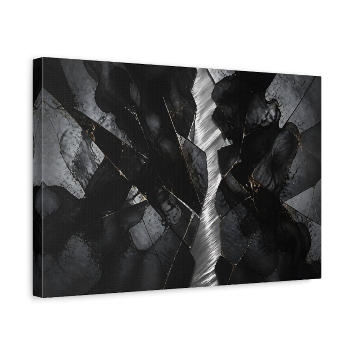 Side Mockup 4. Abstract Cracked Stone Black And Gold shown as stretched canvas wall art