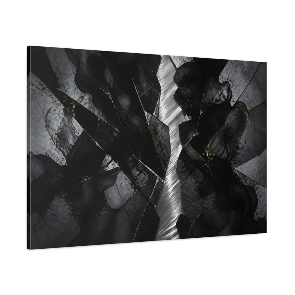 Side Mockup 1. Abstract Cracked Stone Black And Gold shown as stretched canvas wall art