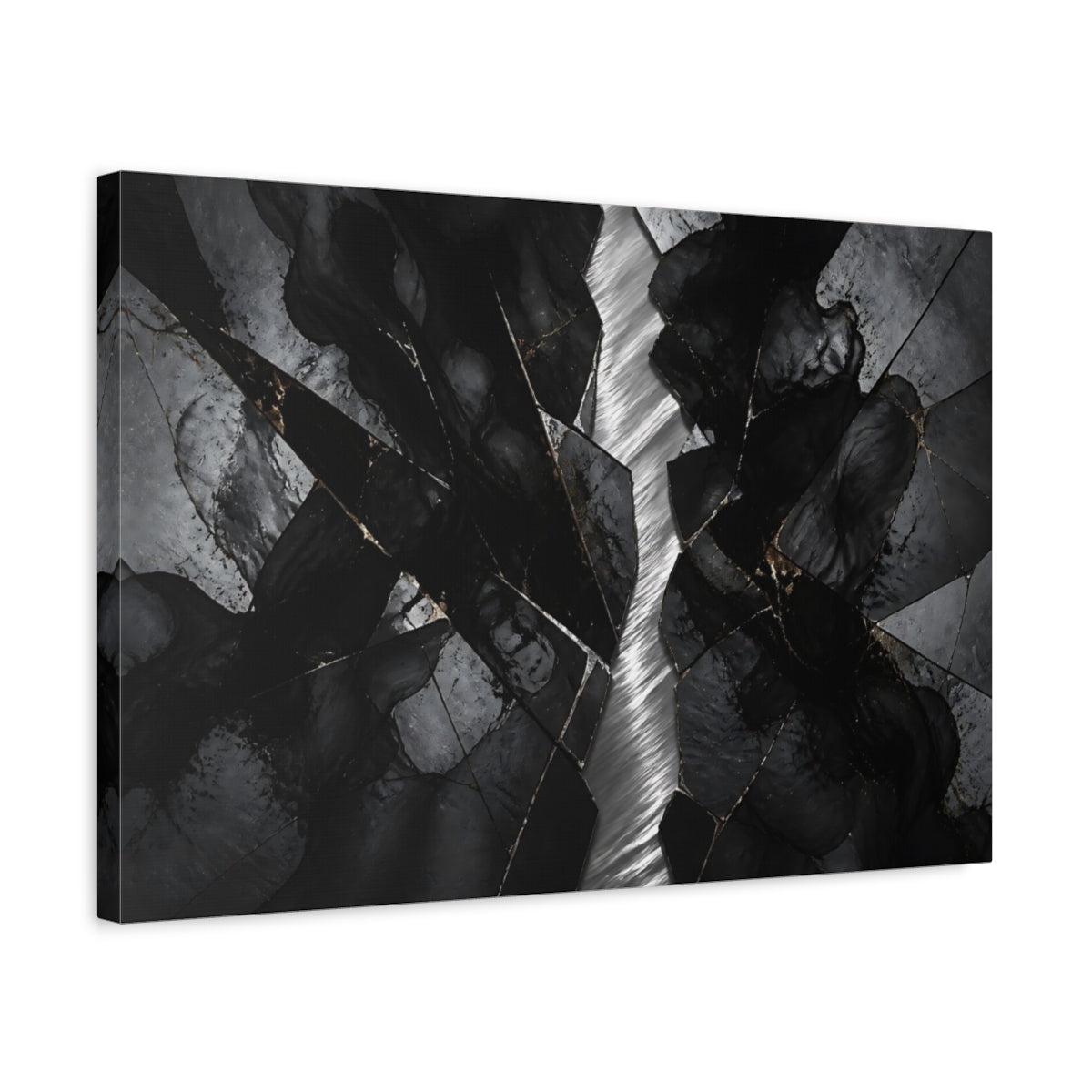 Side Mockup 3. Abstract Cracked Stone Black And Gold shown as stretched canvas wall art