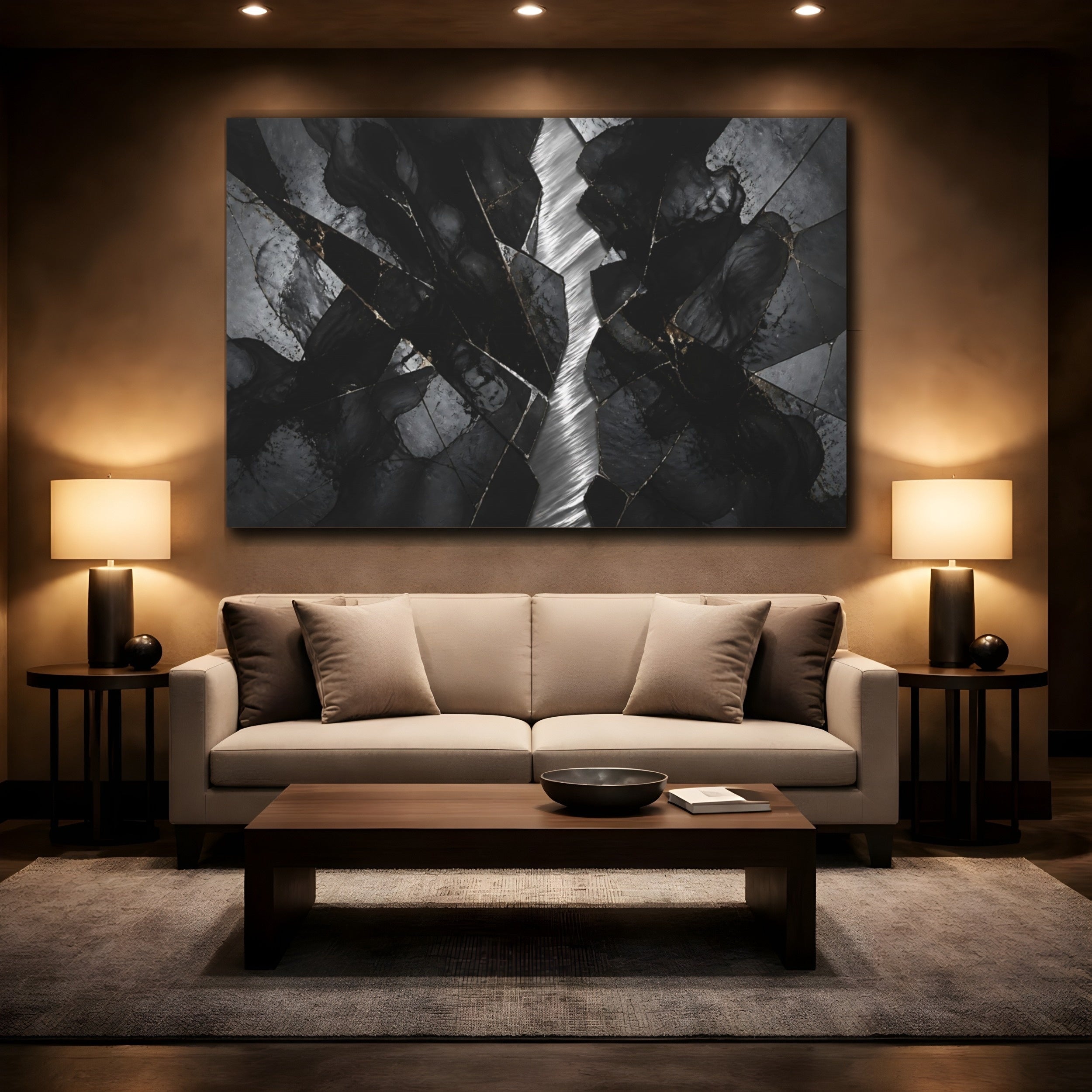 Mockup 2. Abstract Cracked Stone Black And Gold shown as stretched canvas wall art