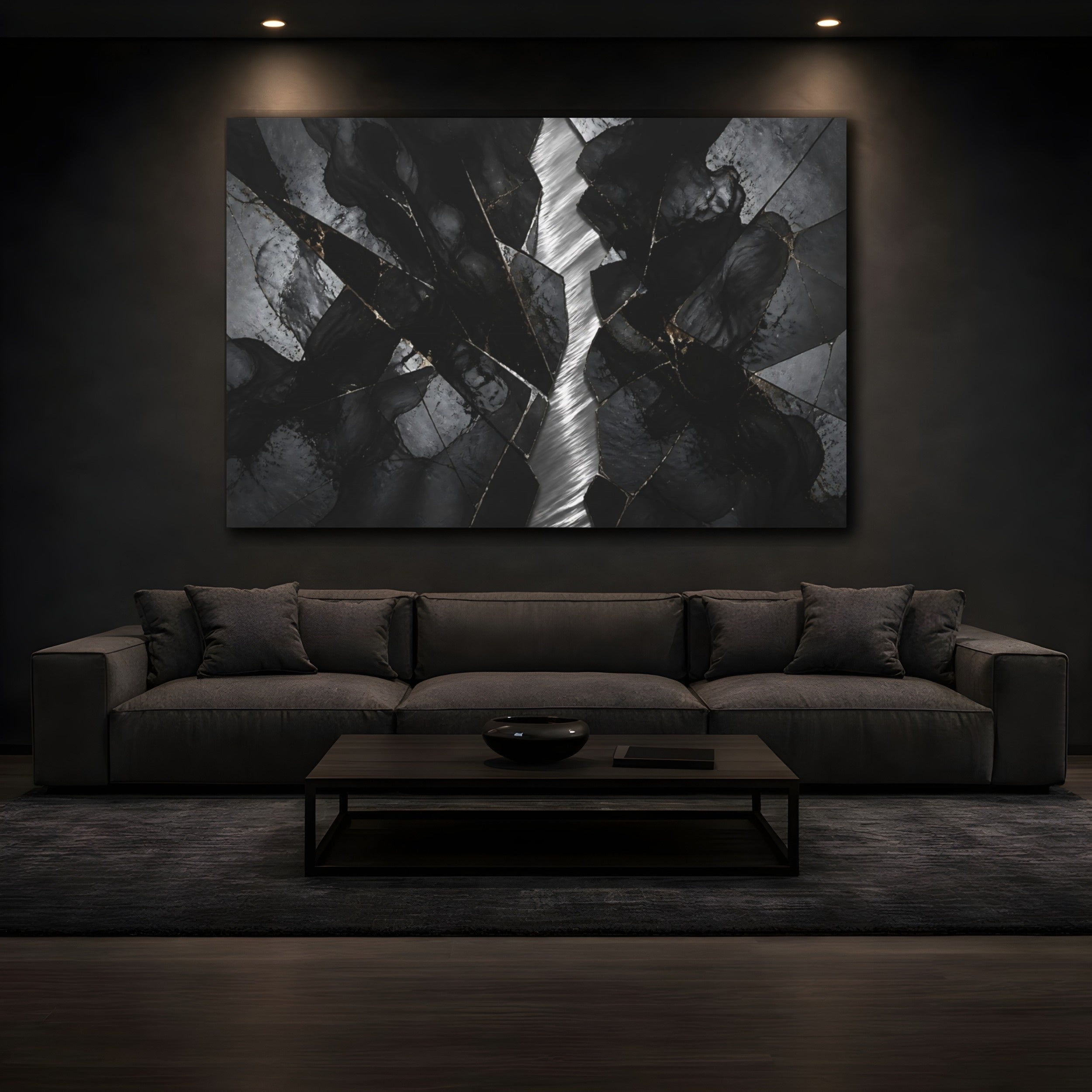 Mockup 3. Abstract Cracked Stone Black And Gold shown as stretched canvas wall art