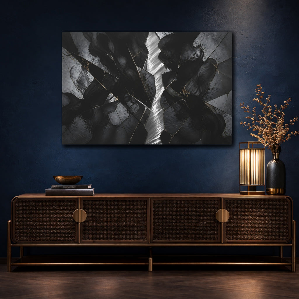 Mockup 4. Abstract Cracked Stone Black And Gold shown as stretched canvas wall art