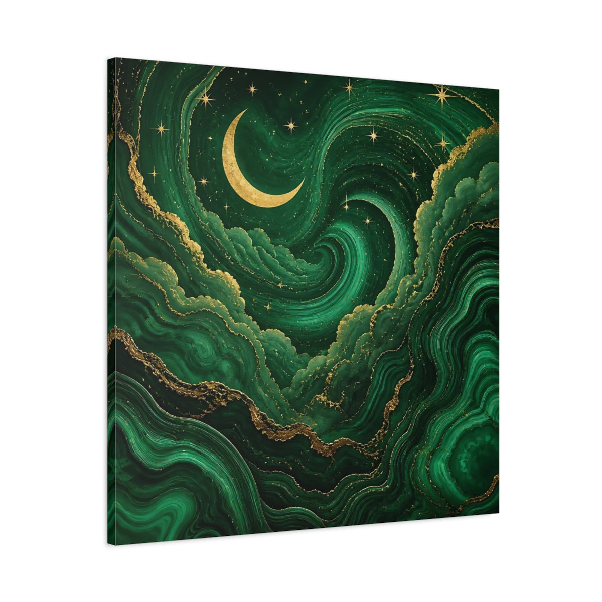 Main Mockup. Abstract Crescent Moon Emerald Green Gold shown as stretched canvas wall art