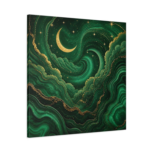 Main Mockup. Abstract Crescent Moon Emerald Green Gold shown as stretched canvas wall art