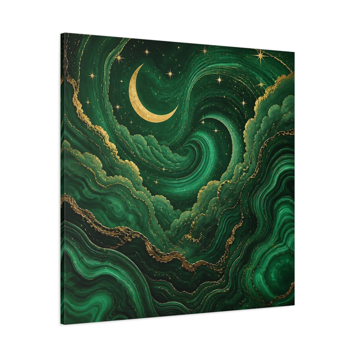 Side Mockup 1. Abstract Crescent Moon Emerald Green Gold shown as stretched canvas wall art