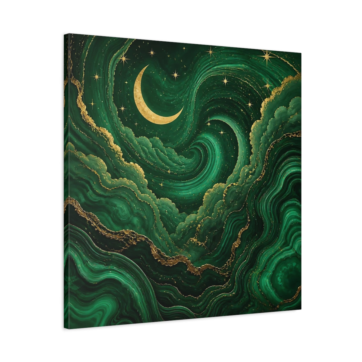 Side Mockup 3. Abstract Crescent Moon Emerald Green Gold shown as stretched canvas wall art