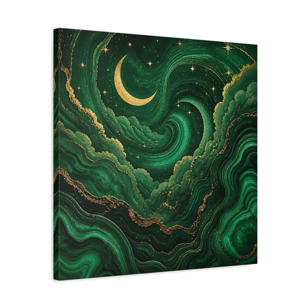 Side Mockup 4. Abstract Crescent Moon Emerald Green Gold shown as stretched canvas wall art