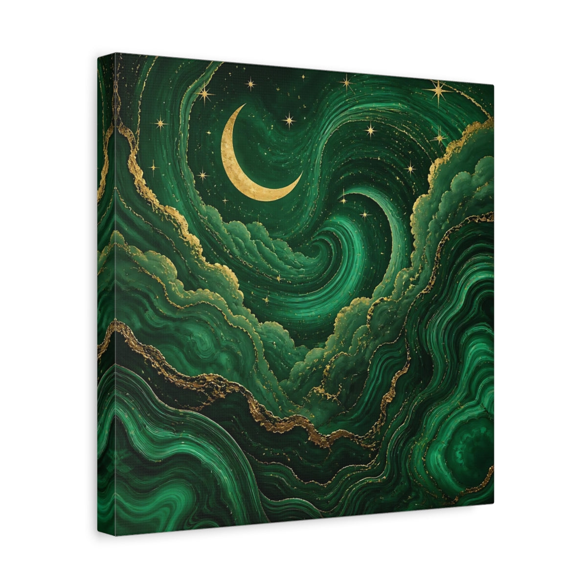 Side Mockup 7. Abstract Crescent Moon Emerald Green Gold shown as stretched canvas wall art