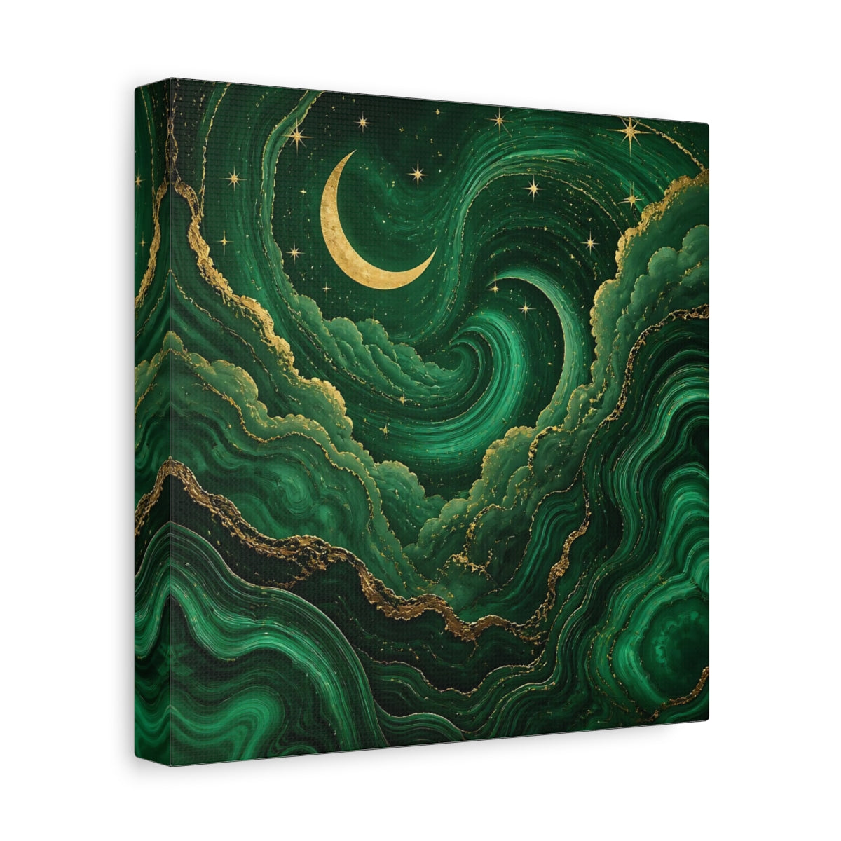 Side Mockup 9. Abstract Crescent Moon Emerald Green Gold shown as stretched canvas wall art
