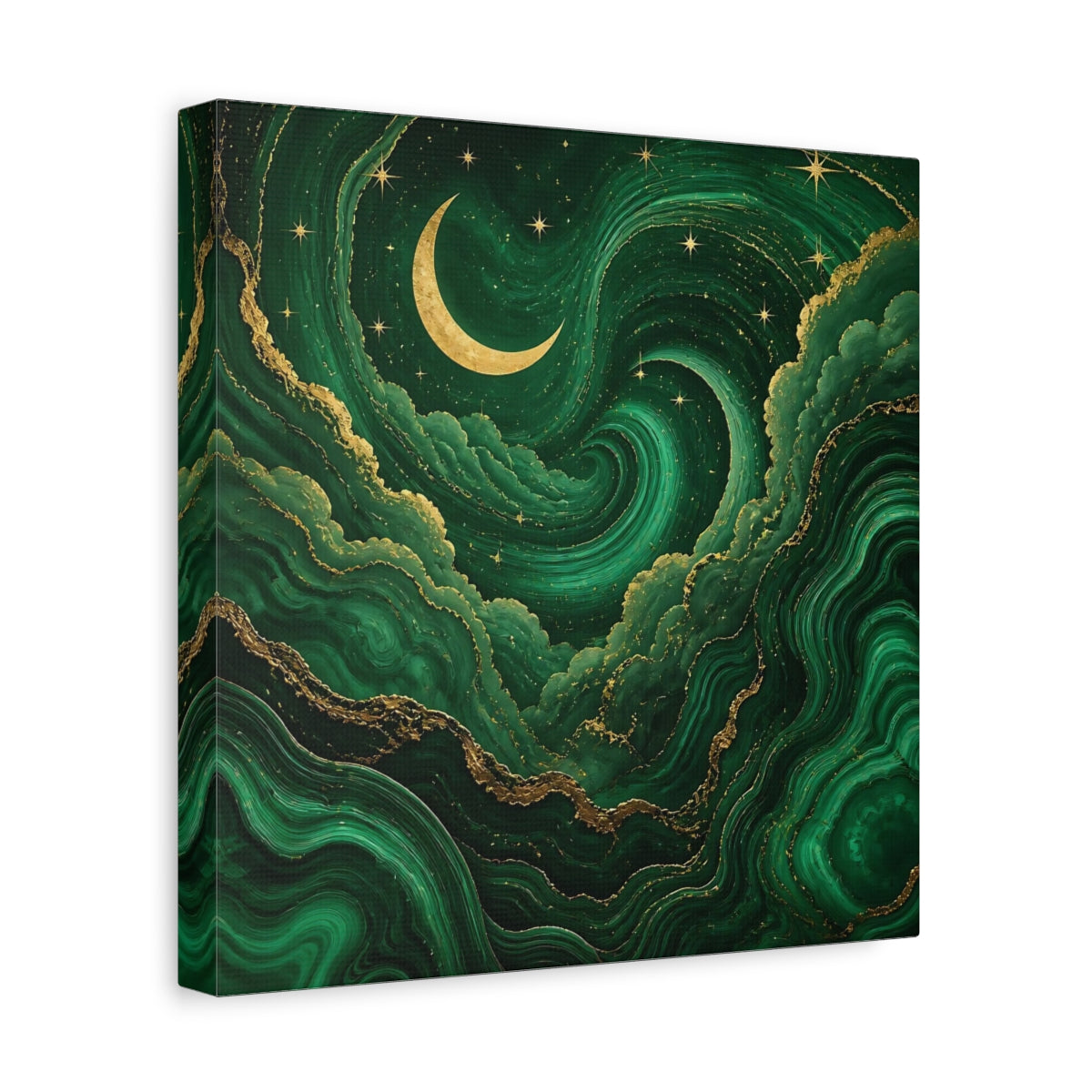 Side Mockup 8. Abstract Crescent Moon Emerald Green Gold shown as stretched canvas wall art