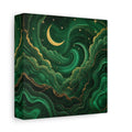 Side Mockup 2. Abstract Crescent Moon Emerald Green Gold shown as stretched canvas wall art