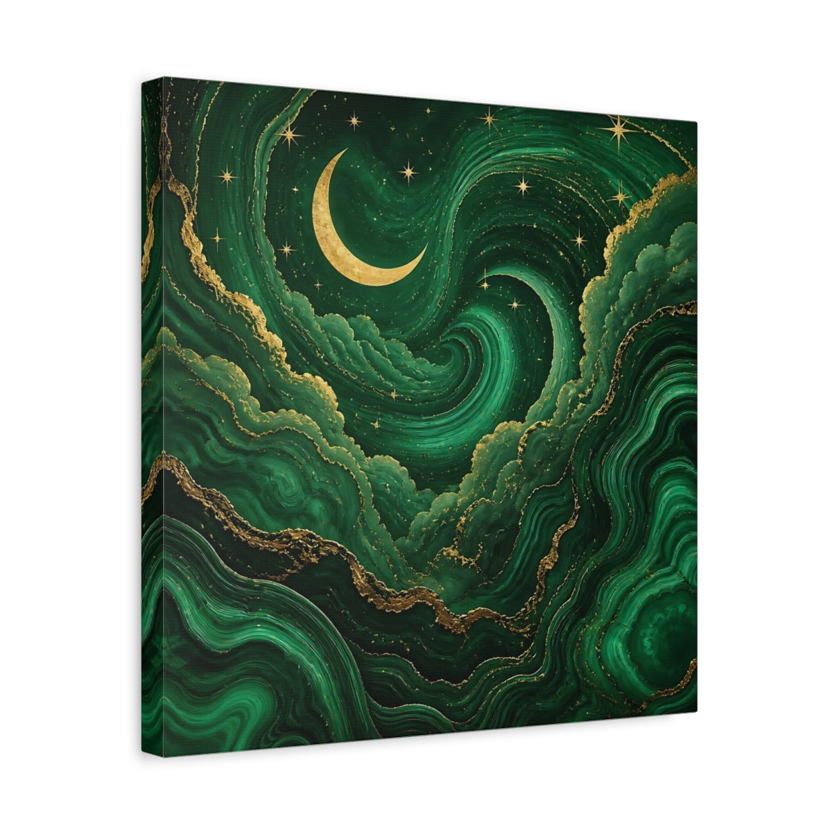 Side Mockup 6. Abstract Crescent Moon Emerald Green Gold shown as stretched canvas wall art