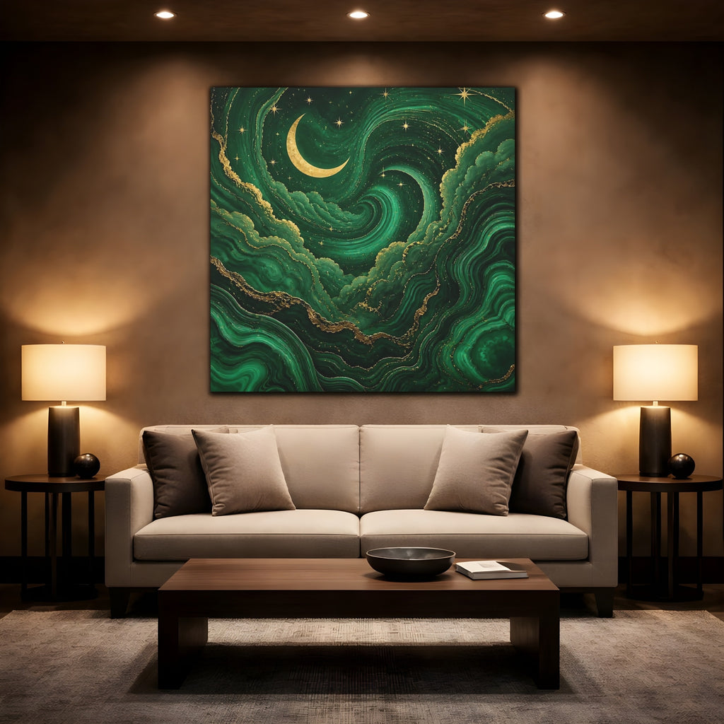 Mockup 2. Abstract Crescent Moon Emerald Green Gold shown as stretched canvas wall art