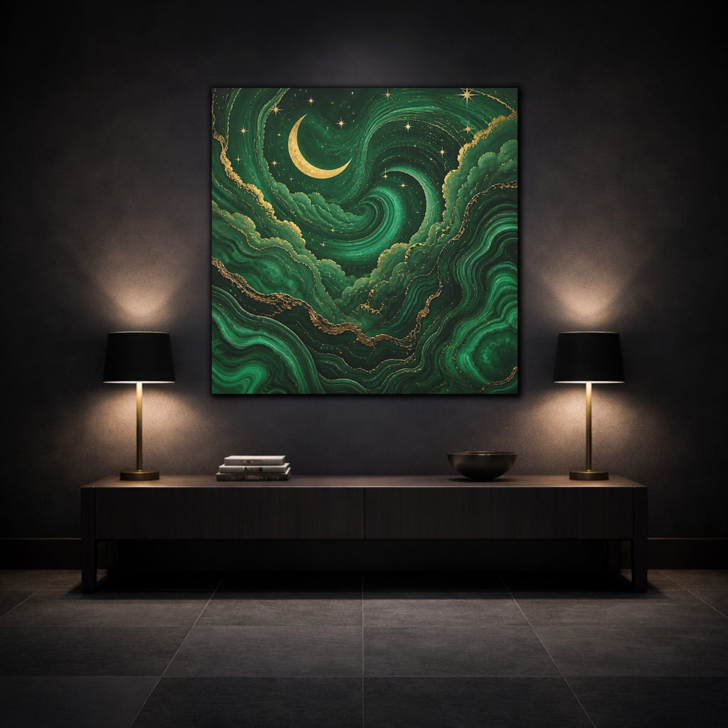 Mockup 3. Abstract Crescent Moon Emerald Green Gold shown as stretched canvas wall art