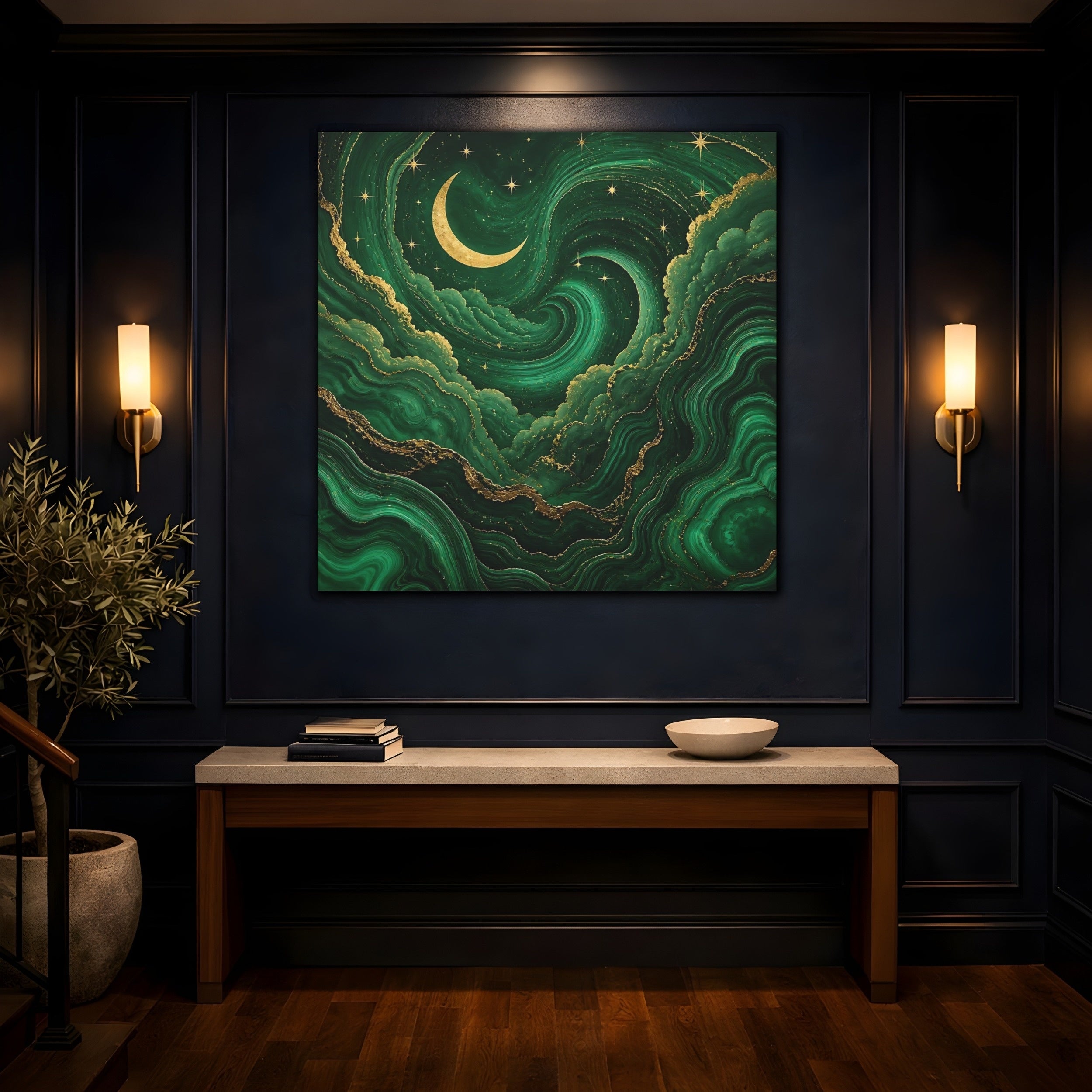 Mockup 4. Abstract Crescent Moon Emerald Green Gold shown as stretched canvas wall art