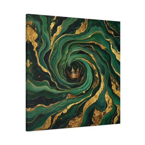 Main Mockup. Abstract Crown Emerald Gold shown as stretched canvas wall art