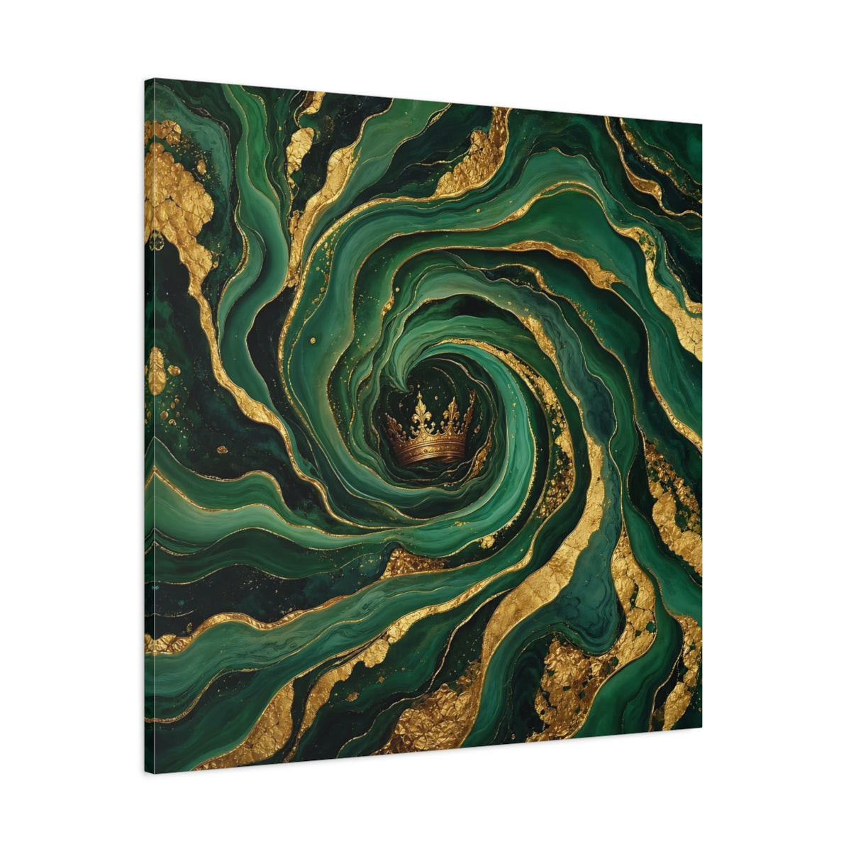 Side Mockup 1. Abstract Crown Emerald Gold shown as stretched canvas wall art