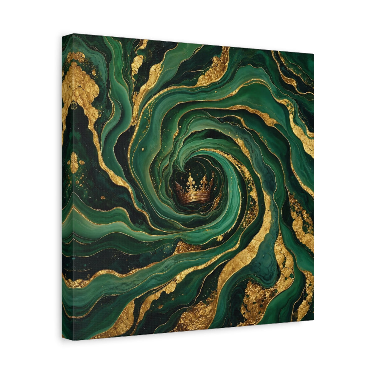 Side Mockup 7. Abstract Crown Emerald Gold shown as stretched canvas wall art