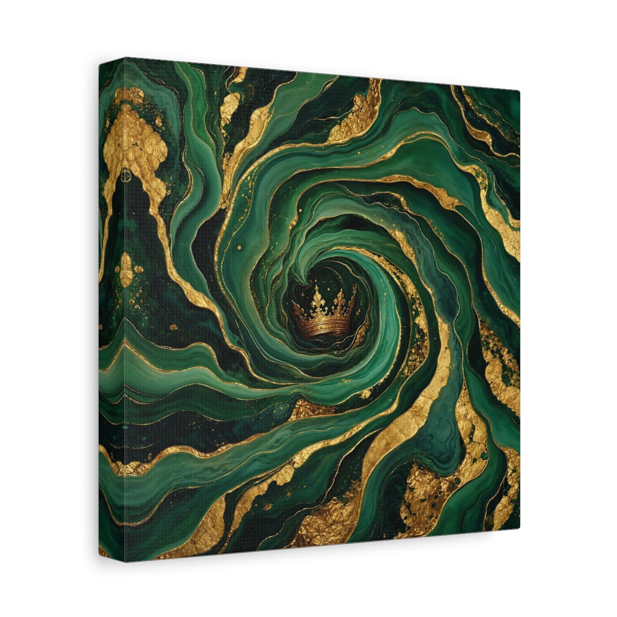 Side Mockup 9. Abstract Crown Emerald Gold shown as stretched canvas wall art