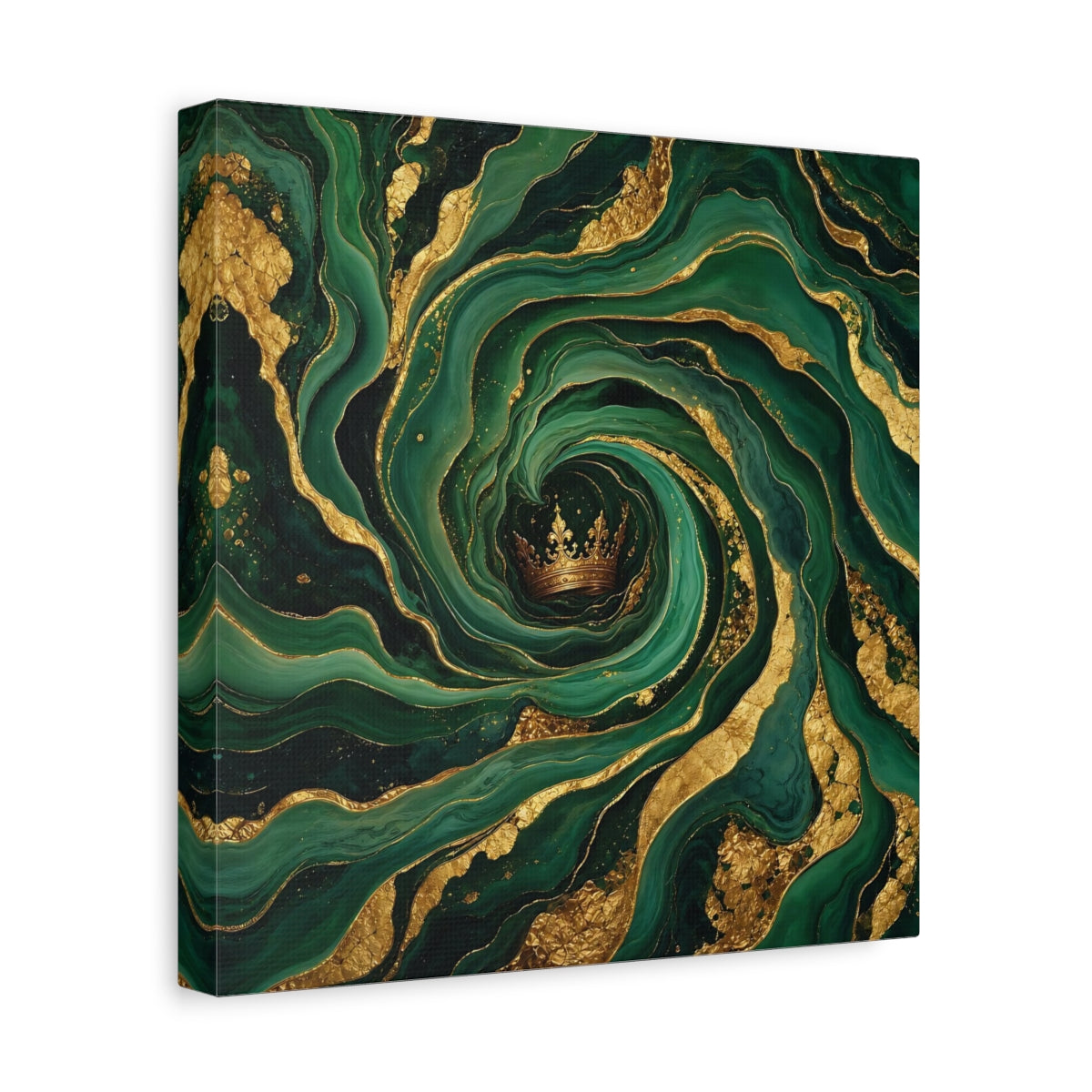 Side Mockup 8. Abstract Crown Emerald Gold shown as stretched canvas wall art